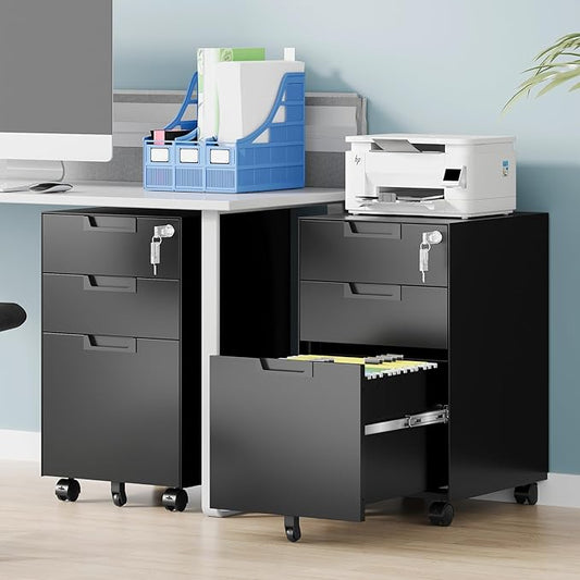 3 Drawer File Cabinet with Lock, Fully Assembled Metal Mobile Filing Cabinets