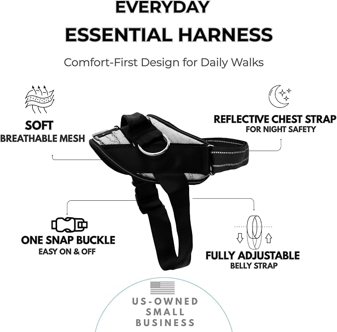 ShawnCo Essential Dog Harness, No-Pull Pet Vest (White Marble,L) | 3 Leash Clips, Easy On, No-Choke, Reflective, Adjustable Fit, Padded Comfort, Control Handle, For Small, Medium & Large Dogs