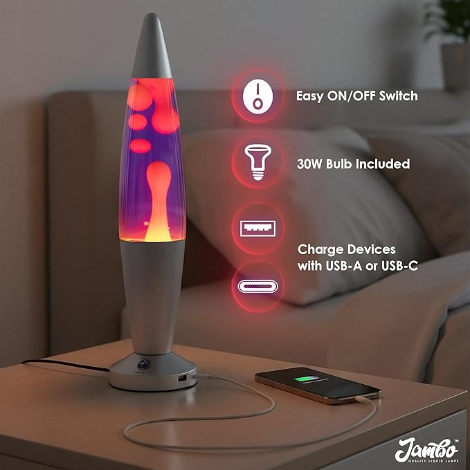 JAMBO 16" Beautiful Liquid Motion Lamp with USB -Purple with Yellow/Orange Wax for Adults, Teens and Kids, Magma Lamp, Home Decor Living Room Office Bedroom, Relaxing Night Light Nightlight