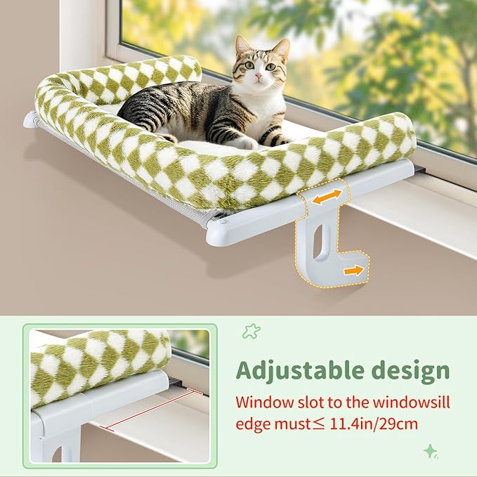 Sunhoo Cat Window Perch Hammock Sturdy Windowsill Bed Seat for Large Cats No Drilling No Suction Adjustable Kitty Shelf with Washable Cover Easy Assembly Holds up to 40 lbs 22.05 * 15 in (Green, S)