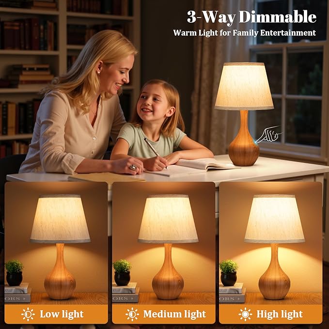 Seealle Touch Table Lamps for Nightstand, 3-Way Dimmable Small Bedroom Lamps for Night Stands, Wood Bedside Lamps for Living Room, Kids Room, End Table(LED Bulb Included)