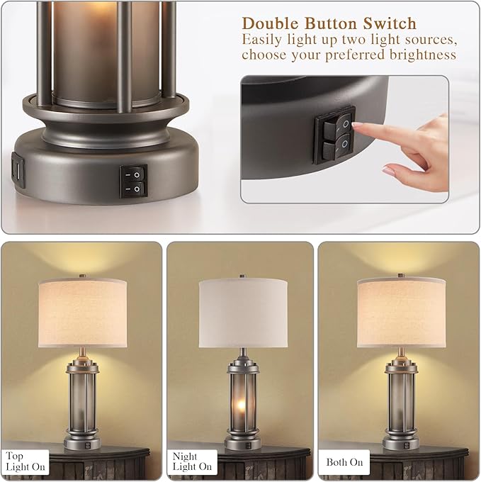 Industrial Metal Table Lamps Set of 2 Living Room Bedroom, 2 USB Ports Bedside Lamp with Glass Nightlight, Modern Desk Lamp for Entryway Office End Table, 4 Bulbs Included