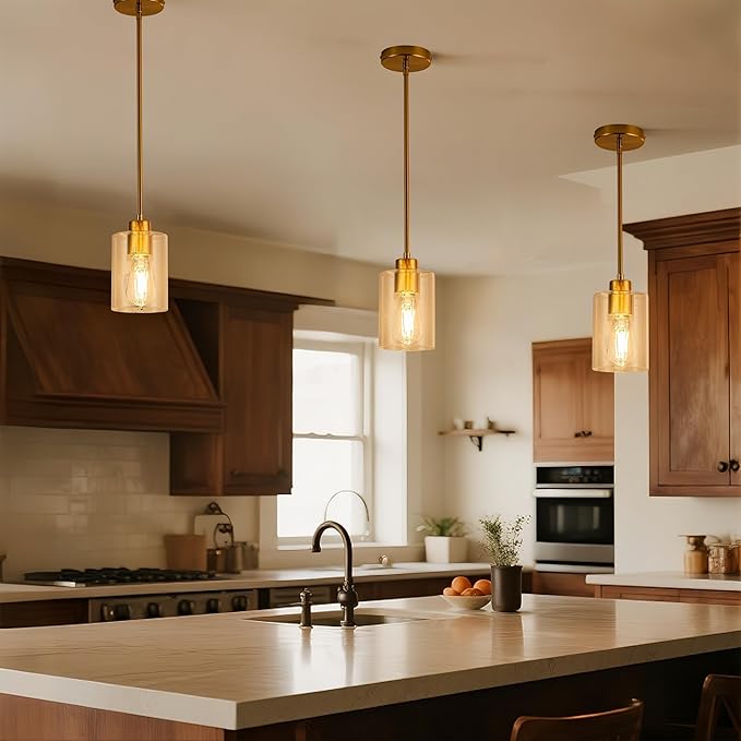 MAYNA 3-Pack Brushed Brass Dining Room Light Fixtures, Modern Gold Pendant Lighting Over Island, Adjustable Rods Glass Chandelier for Kitchen Table (Bulbs Included)