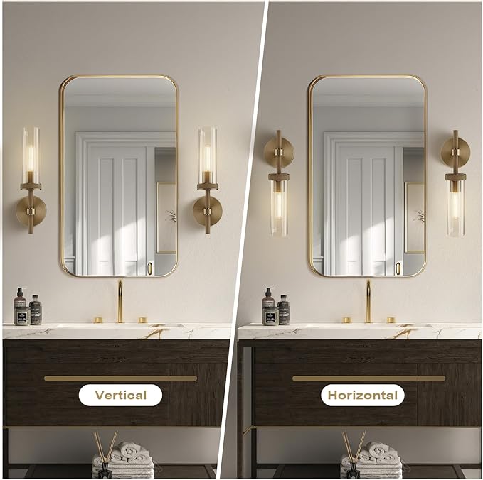 14" Bathroom Vanity Wall Sconces, Gold Wall Sconces Set of Two,Glass Tube Sconces Wall Lighting Indoors,Wall Lights for Mirror, Living Room, Bedroom, Hallway