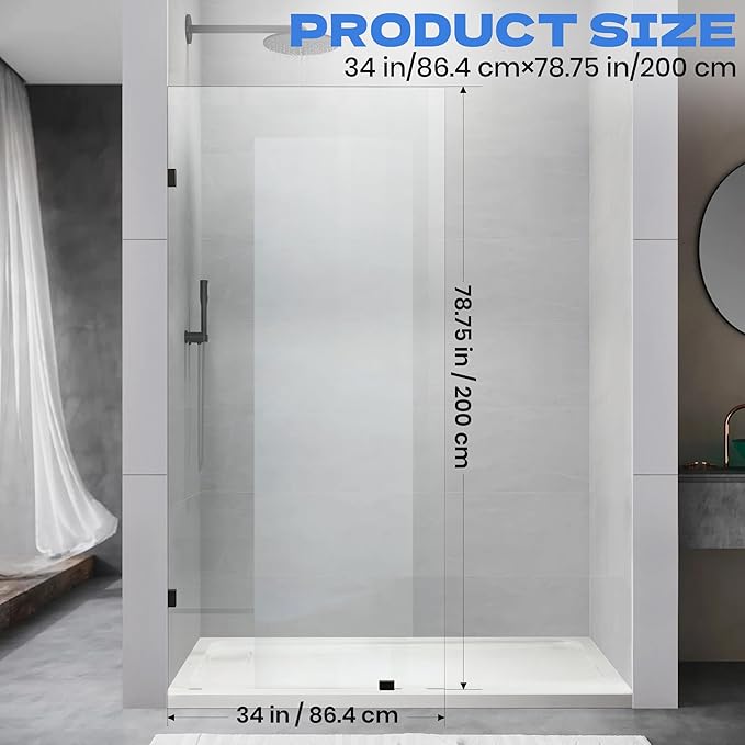 34" W x 78.75" H Shower Screen, Fixed Frameless Shower Glass Panel