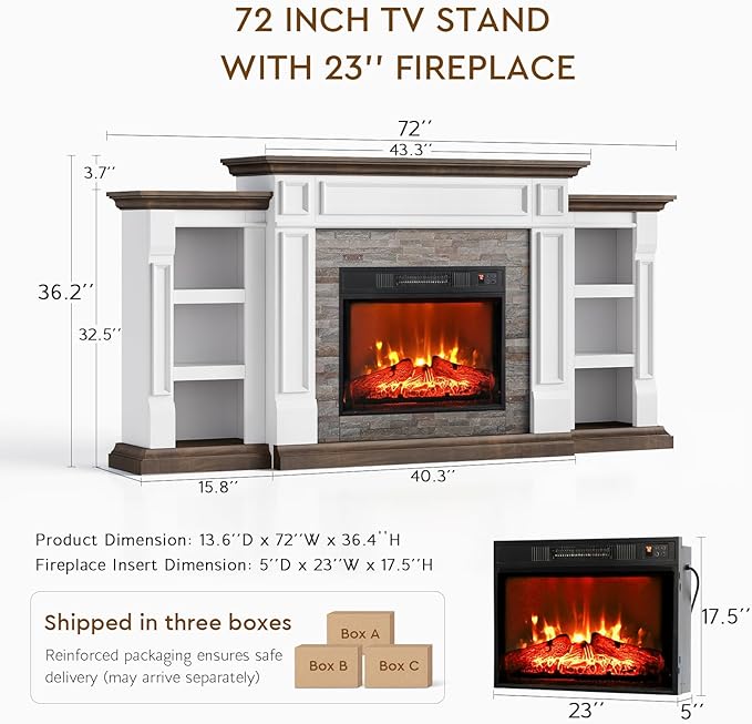 72" Electric Fireplace with Mantel, Fireplace TV Stand