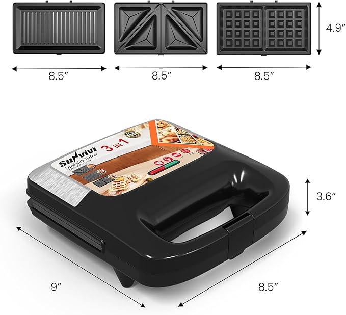 Sunvivi Waffle Iron, Panini Press Grill and Sandwich Maker Set, 3 in 1 Electric