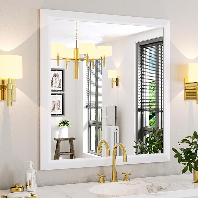 Amorho Bathroom Mirror, 40X38 Inch White Thick Metal Framed Wall Mirrors