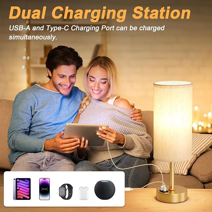 Dicoool Elegant Gold Touch Table Lamp, Modern Wedding Gift for Couples, Bedside Lamps with USB-C USB-A Charging Ports, 3 Way Dimmable Small Lamp for Office, Bathroom, Living Room,Christmas Gift