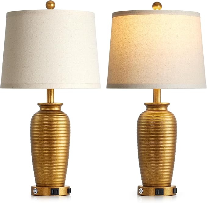 25" Retro Gold Farmhouse Jar Table Lamps Set of 2, 3 Way Touch Control Rustic Bedside Lamps with USB A+C Ports & AC Outlet, Pot Nightstand Lamps for Bedroom Living Room (LED Bulbs Included)