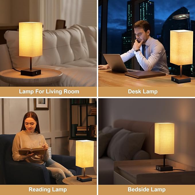 Sailstar Bedside Lamps, Table Lamp with USB C+A Charging Ports, 3 Way Dimmable Touch Control, Small Nightstand Lamps for Bedroom, Home Decor, Living Room, LED Bulbs Included, Upgraded Beige