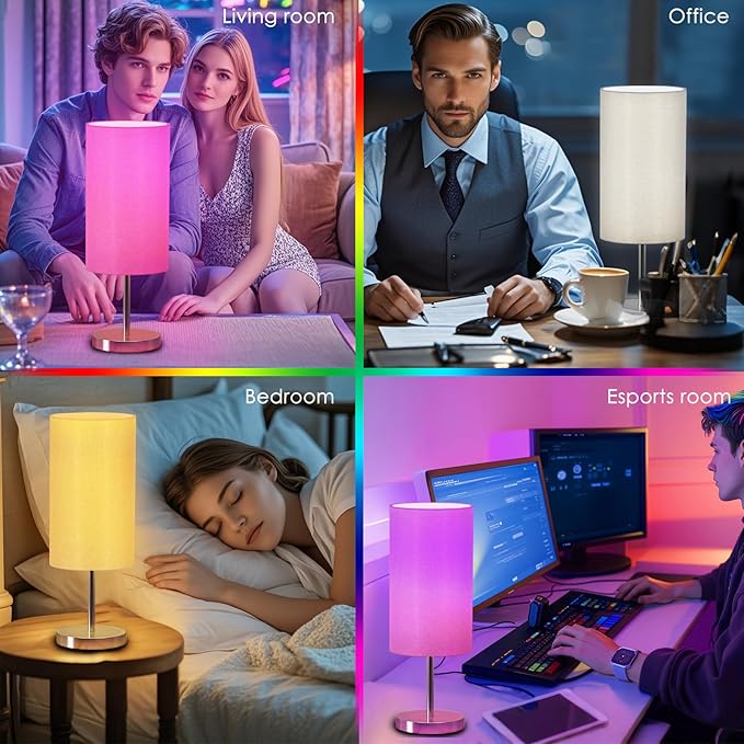Smart Bedside Table Lamp for Bedroom, Modern Bedroom Lamps for Nightstand Decoration, 72 LED Colorful Bulb with APP Control & Music Sync & Timer, Desk Light for Home Office Living Room (Nickel Round)