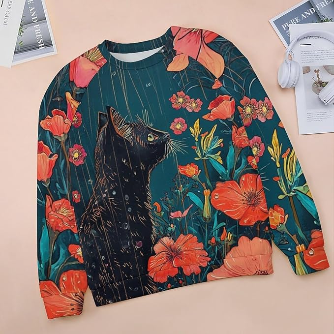 Long Sleeve Shirts for Women Cat Oil Painting Shirt 3D Graphic Sweatshirts Fall Pullover Crewneck Vintage Boho Tops