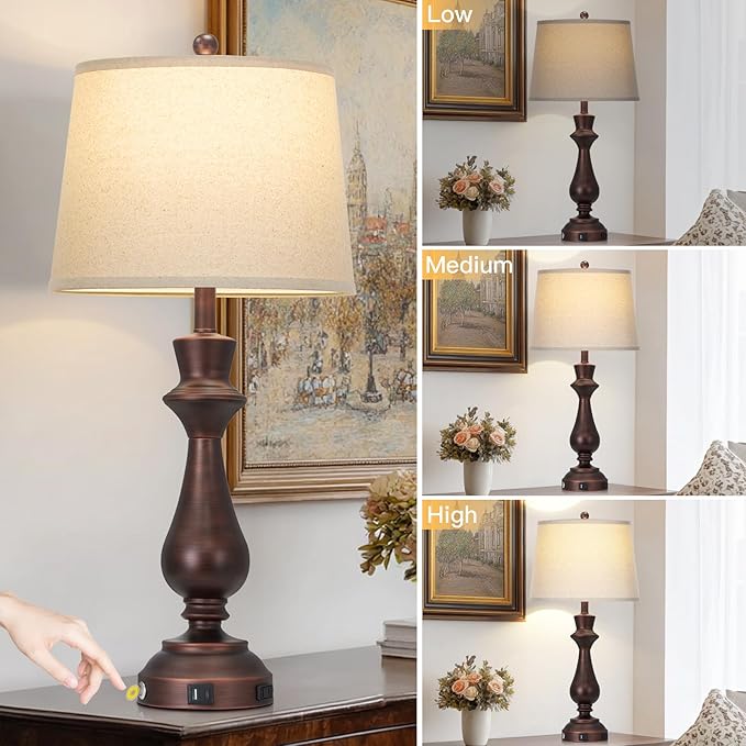 Vintage Table Lamps Set of 2 for Living Room,30" Tall Bedside Lamp with USB Charging Port,3-Way Dimmable Touch Nightstand Lamp for Bedroom Desk Side Table Office,Brown