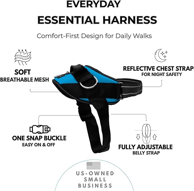 ShawnCo Essential Dog Harness, No-Pull Pet Vest (Oceanic Blue,S) | 3 Leash Clips, Easy On, No-Choke, Reflective, Adjustable Fit, Padded Comfort, Control Handle, For Small, Medium & Large Dogs