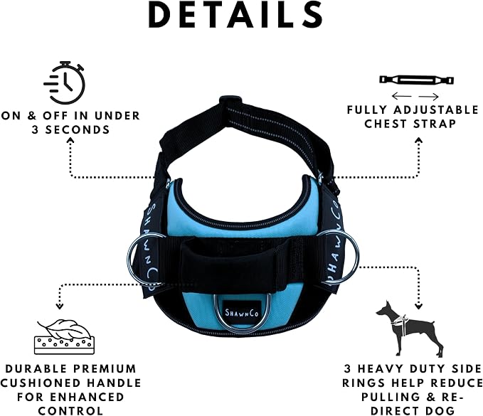 ShawnCo Essential Pro Dog Harness, No-Pull Pet Vest with 3 Leash Clips and Removable, Reflective Side Patches, Adjustable and Padded Harness for Small, Medium and Large Dogs (Oceanic Blue, L)