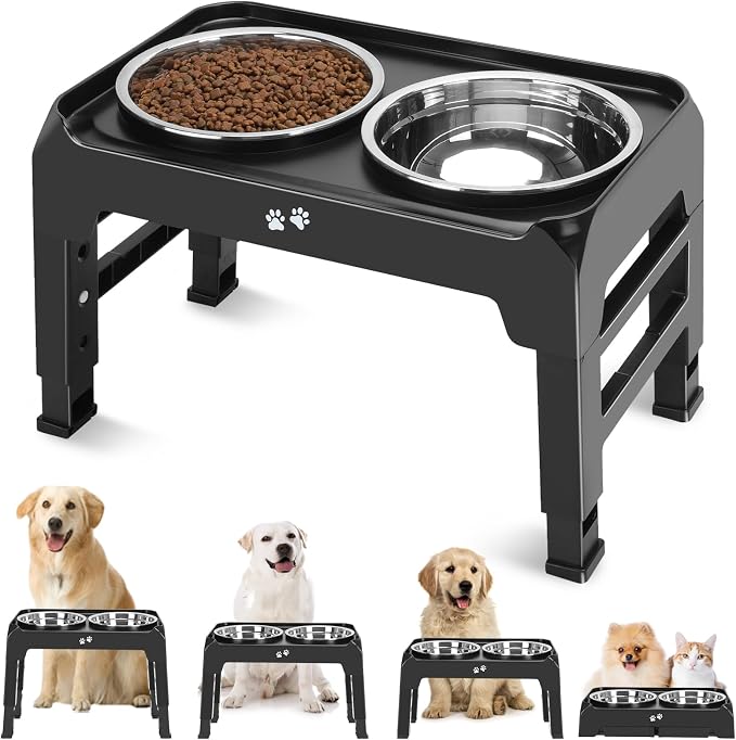 COMESOON Elevated Dog Bowls, 4 Height Adjustable Raised Bowl Stand with 2 Thick 50oz Stainless Steel Food Bowls Non-Slip Feeder Adjusts to 3.7'', 9.2'', 10.75'', 12.36'' Black, (DB-W01)