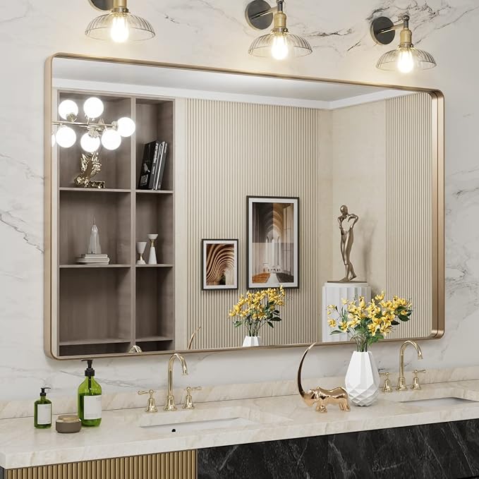 LOAAO 60”X36” Gold Bathroom Mirror, Rounded Rectangle Gold Frame Mirror