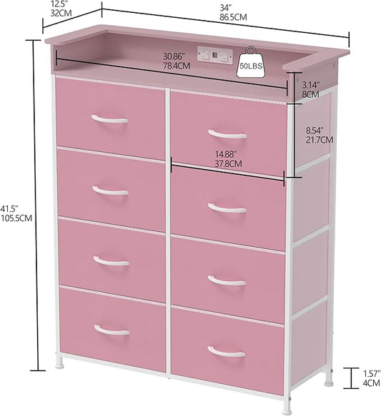 Pink Dresser for Bedroom with Charing Station Dressers with LED Lights Tall