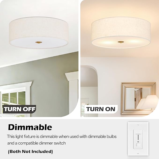 15.7 Inch Flush Mount Ceiling Light Fixture 3-Light Drum Modern Gold Ceiling Light Fixture Dimmable Close to Ceiling Light Fixture with Fabric Shade for Living Room Hallway Entryway Kitchen Bedroom
