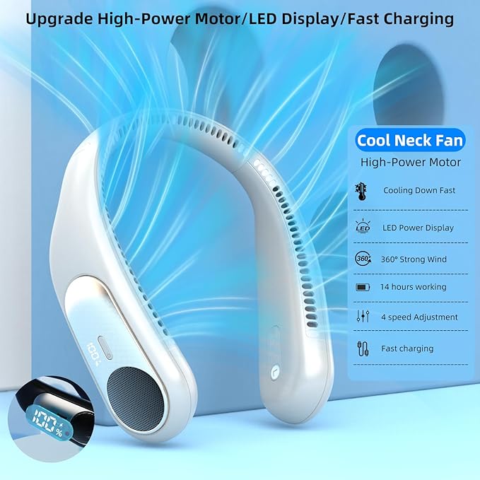 Portable Neck Fan, Personal Wearable Bladeless Fan, LED Display, 6000mAh USB