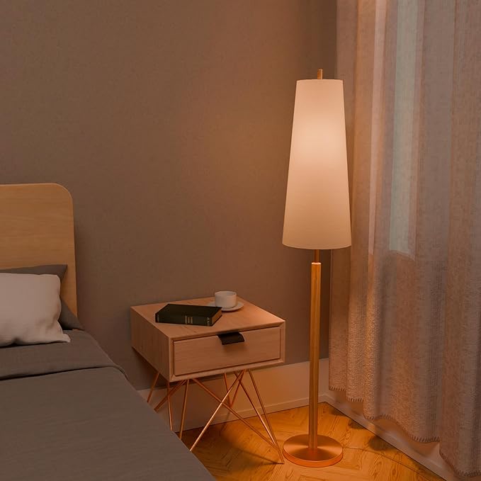GLOBE Electric 61000173 63" Floor Lamp, Matte Brass, Wood Toned Accent, Long White Fabric Shade, in-Line On/Off Foot Switch, 6.7-Foot Clear Cord, 1-Light, 60W E26/Medium Base Bulb
