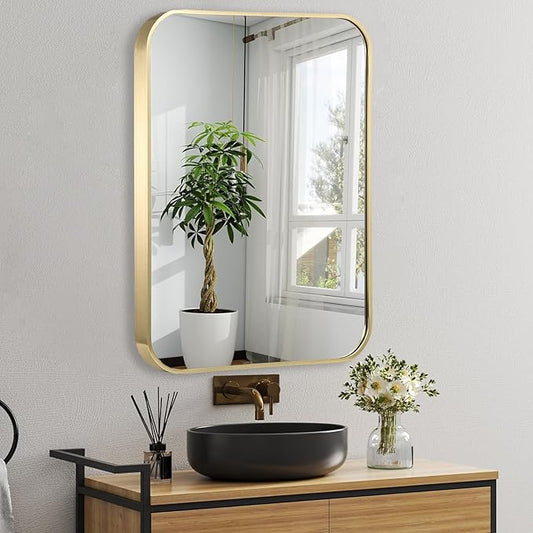 24x32 Inch Gold Bathroom Mirror, Brushed Gold Metal Framed Rectangular Mirror