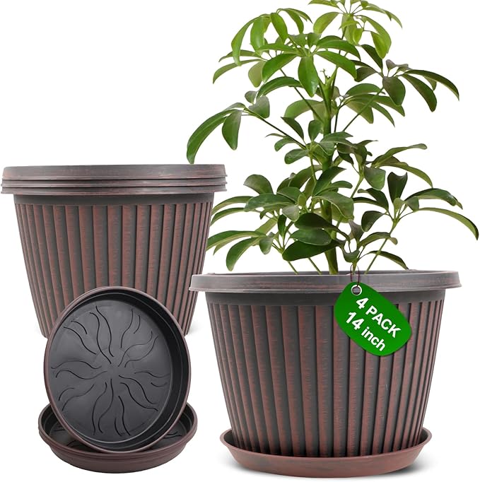 Large-Planter-Indoor-Outdoor Plant Pots, 14 inch 4 Pack Plastic Flower Pots with Saucer And Drainage Holes, Modern Garden Planters For Planting Medium Large Plants, Decorative Resin Garden Pots