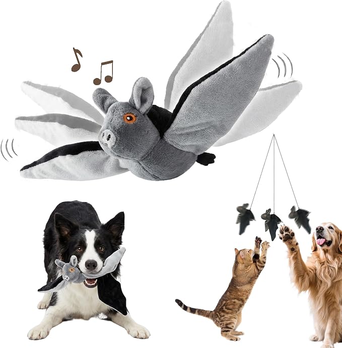 Flying Bat Dog Toy, Interactive Flying Bat Toy for Dogs with Flapping Wings, Chirping Sounds, USB Rechargeable, Touch Activated, Hanging or Floor Toy for Dogs, Puppies and Cats to Reduce Boredom,1PCS
