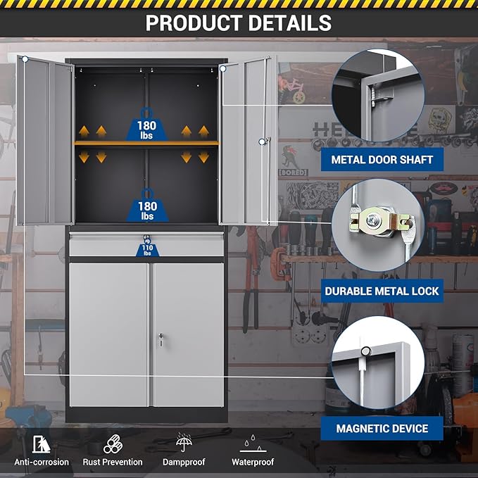 71" Metal Cabinet-Black&Gray Heavy Duty Storage File Cabinet Steel Tool Cabinets
