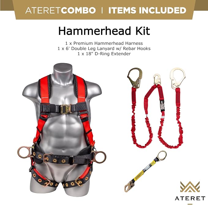 Fall Protection Hammerhead Kit I 5pt Safety Harness, 6' Double Leg Lanyard, 18" D-Ring Extender (Red - SM)