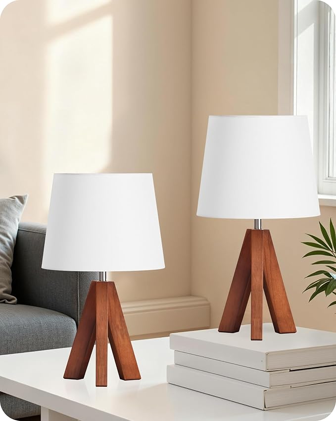 Small Tripod Table Lamps Set of 2, Modern Nightstand Lamp with Fabric Shade, Boho Bedside Wood Desk Light for Bedroom, Kids Room, Living Room, Office, Study, Dark Wood and White, LW51TLP205