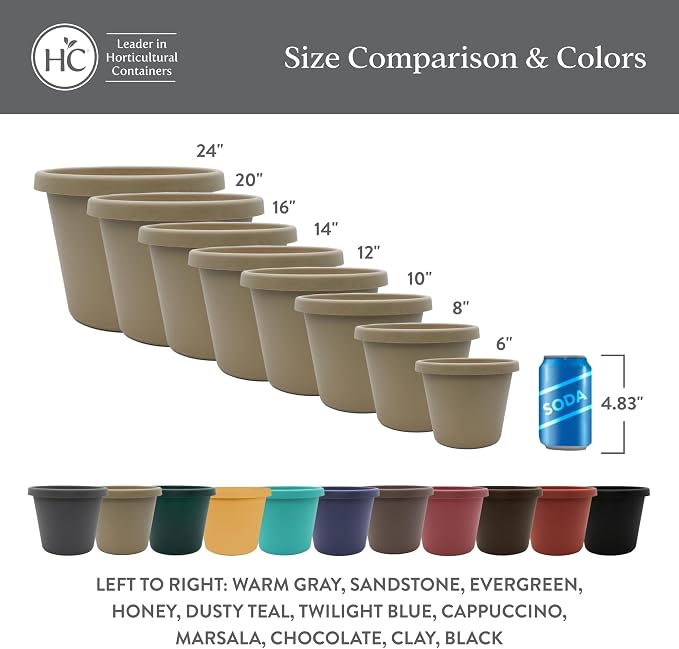 The HC Companies 6 Inch Prima Round Planter Pots with Drainage Holes and Rolled Rim, Lightweight UV-Resistant Plastic Indoor & Outdoor Planters, 4-Pack Flower Pots for Garden & Home Decor, Sandstone