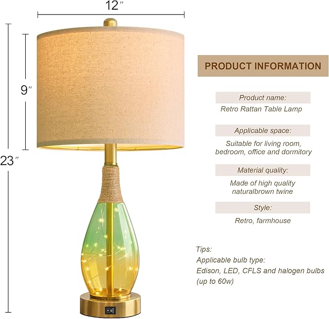 OYEARS 23" Table Lamps Set of 2,Farmhouse Lamps with Glass Nightlight, Bedside Lamps for Living Room, Rattan Lamps for Bedroom Nightstands, Two Light Points