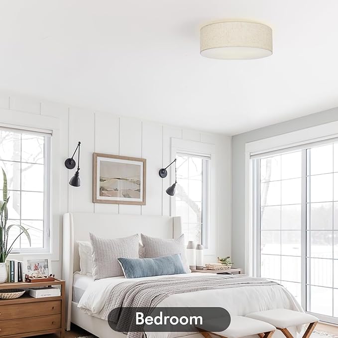 Flush Mount Ceiling Light,16''Modern Close to Ceiling Lamp with Double Linen Fabric Shade,3 Light Semi Flush Mount Ceiling Light Fixture,Farmhouse Drum Light Fixture for Bedroom Living Room