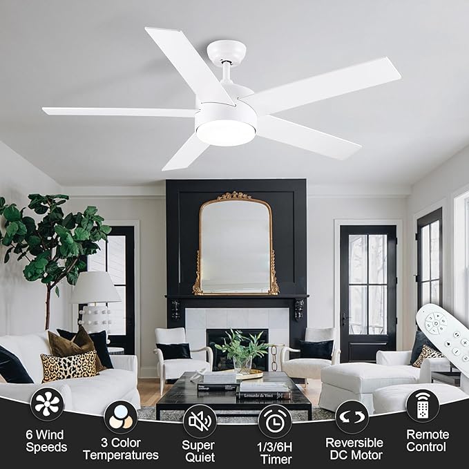 POCHFAN 52 inch White Ceiling Fans