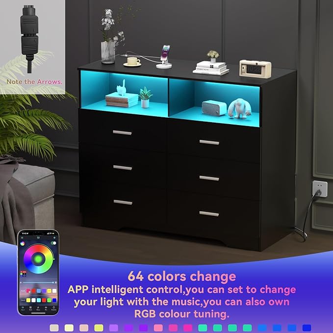 Dresser with Power Outlets and LED Lights Wooden 6 Drawer Dresser with Large
