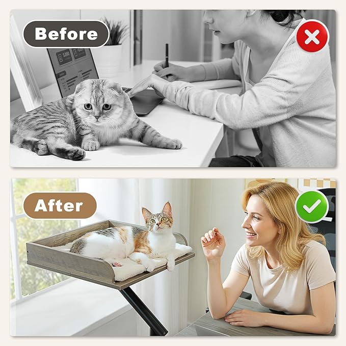 PAWZ Road Cat Desk Bed, Wooden Cat Bed for Desk Supports Up to 50 lbs, 360° Rotation & Adjustable, Nest Desktop Attachment Cats Hammock for Table, Gray