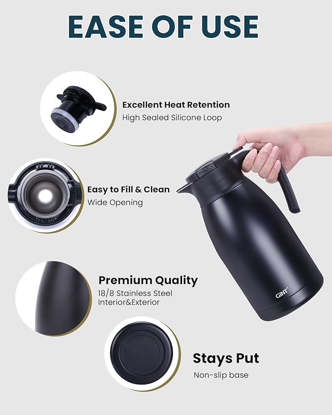 GiNT 1.9L / 64Oz Thermal Coffee Carafe, Insulated Stainless Steel Coffee Carafes