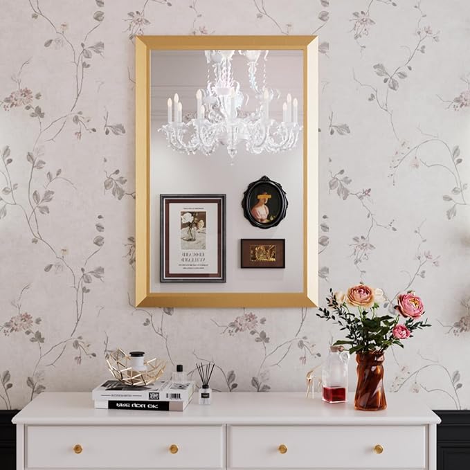 Amorho Bathroom Mirror, 24x36 Inch Golden Thick Metal Framed Wall Mirrors