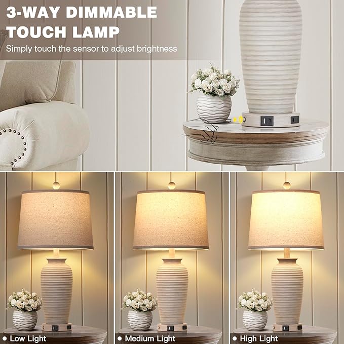 25" Farmhouse Jar Table Lamps Set of 2, 3 Way Touch Control Rustic Bedside Lamps with USB A+C Ports & AC Outlet, Pot Nightstand Lamps for Bedroom Living Room (LED Bulbs Included)