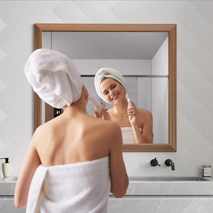 Amorho Bathroom Mirror, 40x36 Inch Wall Mirror, Walnut Wood Grain Metal Framed