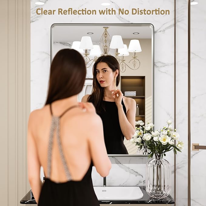 LOAAO 24X30 Inch Brushed Nickel Bathroom Mirror, Rounded Rectangle Silver Metal