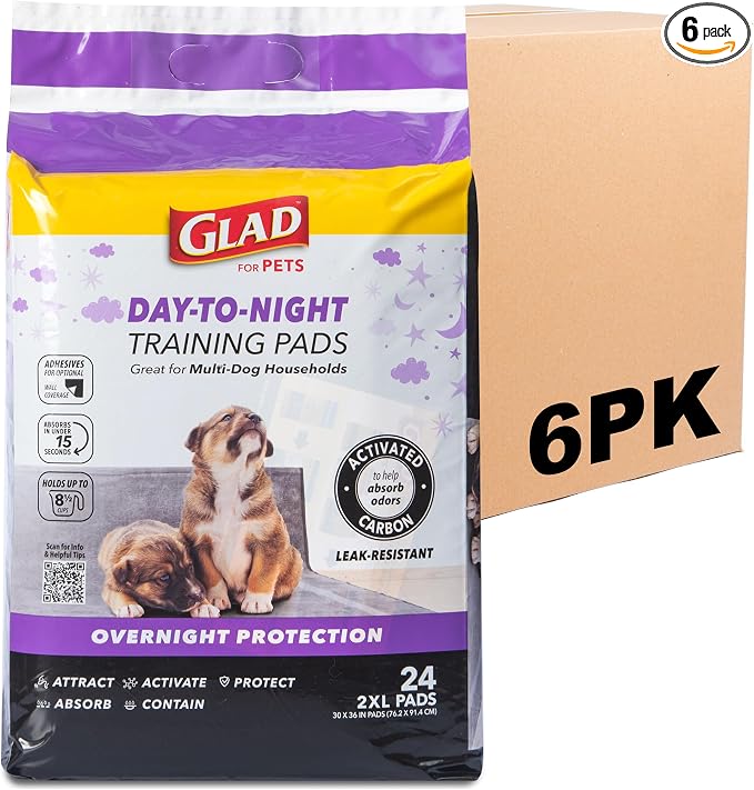 Glad for Pets Giant Activated Carbon Training Pads, 30 x 36 In, 24 Ct, 6-Pk | Adhesive backing and wall protection for leak-proof, super-absorbent day-to-night coverage
