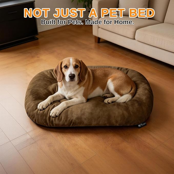 Washable Oval Dog Bed for Small Dogs,Silver-Tipped High-Resilience,Brown | Non-Slip Bottom Prevents Sliding,Soft Plush Short Fur,Machine Washable Cushion,Ideal for Crates & Small Spaces,23"x17"x2.8"
