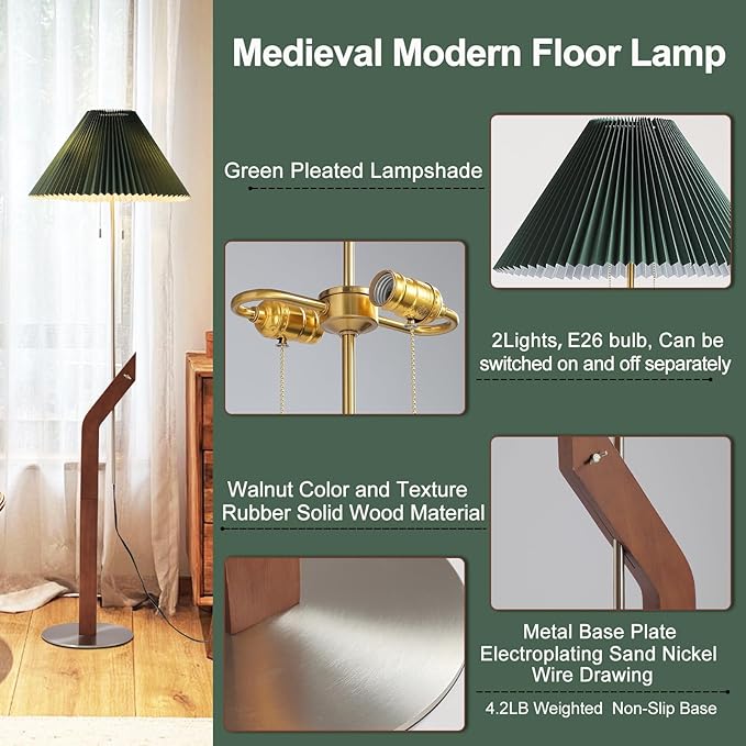 Floor Lamps for Living Room,Mid Century Modern Wood Large Floor Lamp,Height Adjustable Study Room,Bedroom,Office Tall Standing Floor Lamp,Green Pleated Lampshade