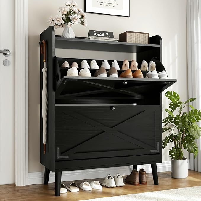 Shoe Storage Cabinet with 2 Flip Drawers & Adjustable Shelves, Freestanding