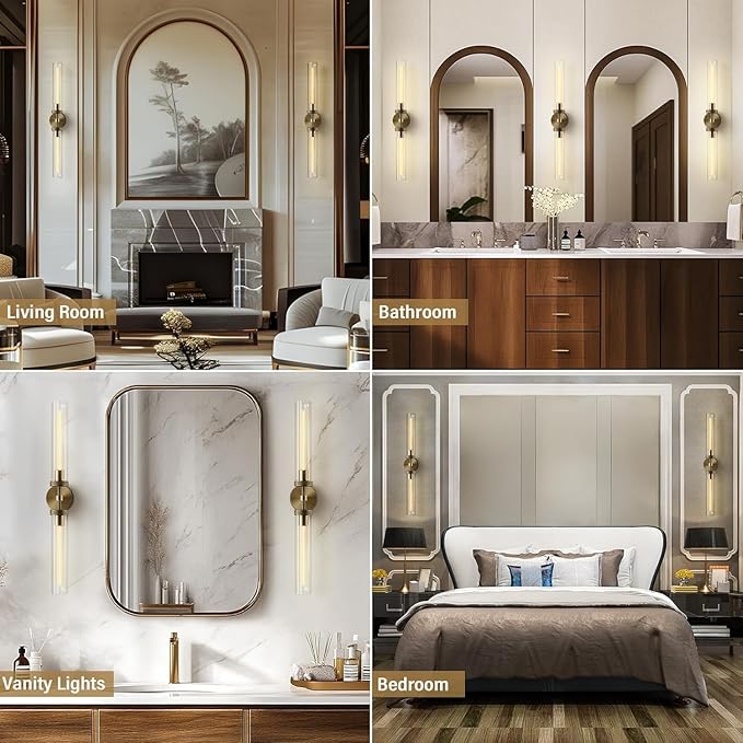 Brass Wall Sconces, 30in Gold 2-Light Double Glass Sconces Wall Lighting, Bathroom Knurled Vanity Light Sconces, Wall Lights for Living Room Bedroom(Including Bulb)