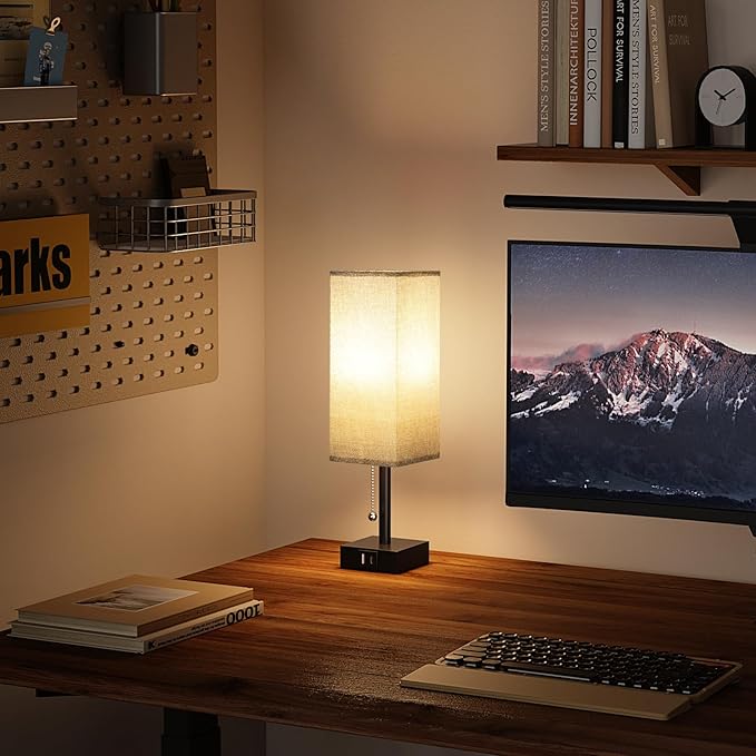 Bedside Table Lamps Set of 2 - Gray Bedroom Lamps with 3 Color Temperatures (3000K/5000K/4000K), Square Nightstand Light with USB C + A Charging Ports, Pull Chain Small Night Light