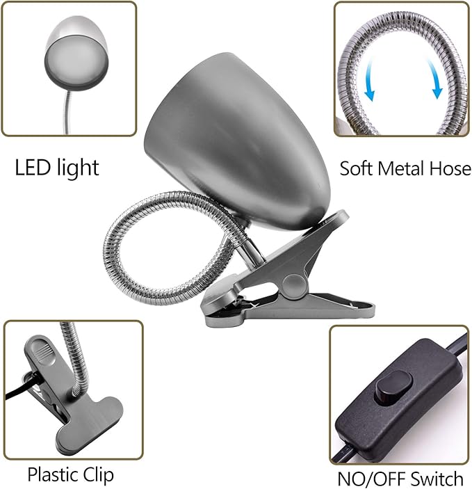 Desk lamp with Clamp, Non-Dimmable Clip Light for Bed and Desk, 4000K Cool White, 3.5W 240 LM Flexible Gooseneck lamp, Eye Protection, ETL Listed